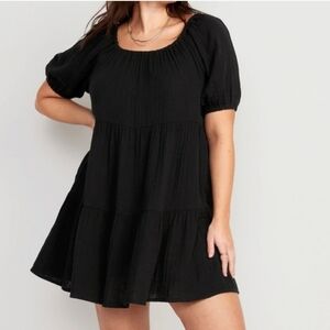 Old Navy Black Tiered Dress Size XL Short Poof Sleeve Elastic Neckline
